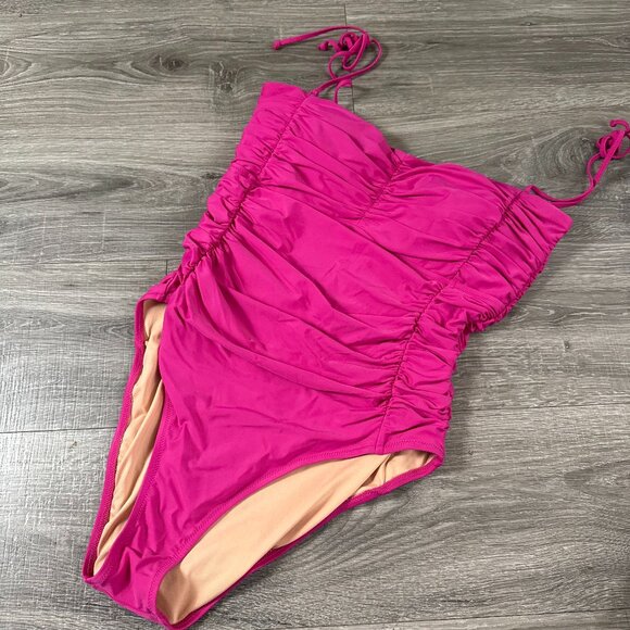 J. Crew Other - J. Crew Fuchsia Pink Ruched Tie Shoulder Sweetheart One Piece Swimsuit Size 14